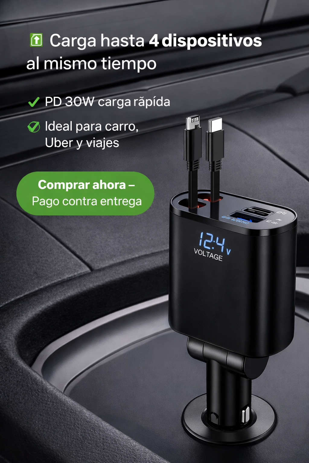 🔌 Cargador Inteligente 4 en 1 para Carro – Carga Rápida PD