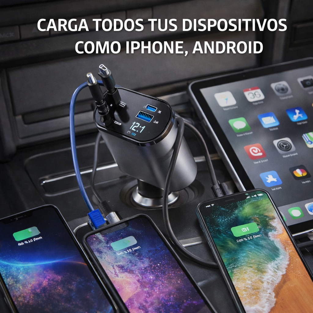 🔌 Cargador Inteligente 4 en 1 para Carro – Carga Rápida PD