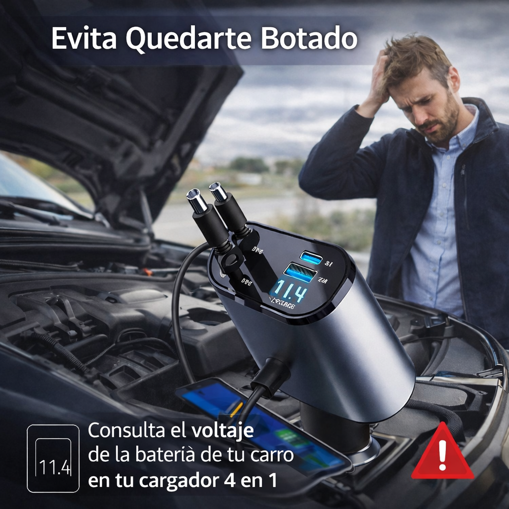 🔌 Cargador Inteligente 4 en 1 para Carro – Carga Rápida PD
